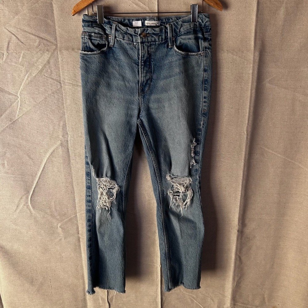 Good American Distressed High Rise Straight Leg Jeans Blue Size 6/28‎ Casual